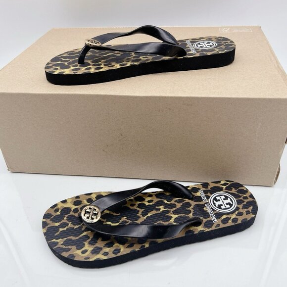 Tory Burch Eva Sole Flip Flops Black Leopard Print Logo Thong Sandal Womens US 5 - Picture 4 of 12